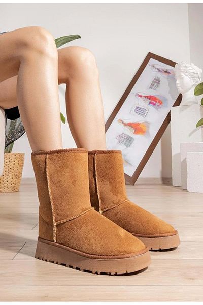 Kids Club Shoes Hugg Tan Κοντές Γυναικείες Μπότες - Χοντρή σόλα και μαλλί εσωτερικά