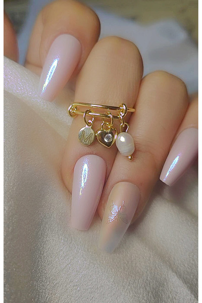 WONDER TOUCH Charm yüzük,taşlı kalp charm,M harfi yüzük,gerçek inci yüzük,24k...