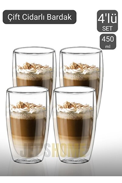 Jet's Home 4’lü Set Büyük Latte Bardağı Cappuccino Bardağı Çift Cidarlı Barda...