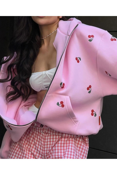 Genel Markalar Büyük Beden Unisex Kiraz Baskılı Oversize Fermuarlı Hırka