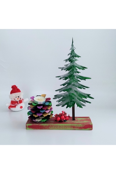 Tahtadenizi Yeni Yıl Yılbaşı Temalı Çam Ağaç Kozalak ve Nar Süslemeli Ahşap B...