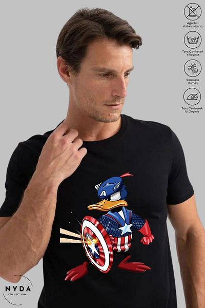 New Shine Μπλουζάκι με κοντό μανίκι Unisex με λαιμόκοψη Donald Duck Captain America με στάμπα από βαμβάκι