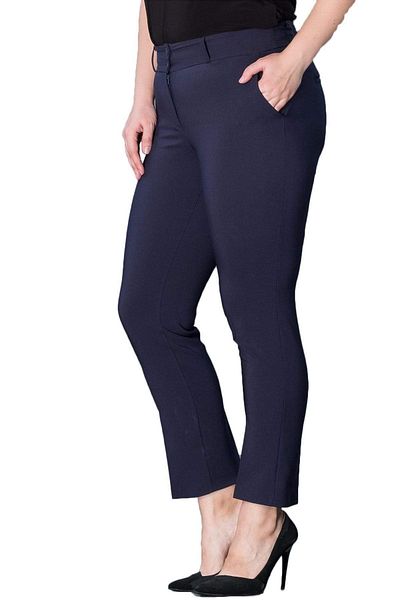 Hanezza Large Size Navy Blue High Waist Lycra Ankle Length Pocket Fabric Trousers