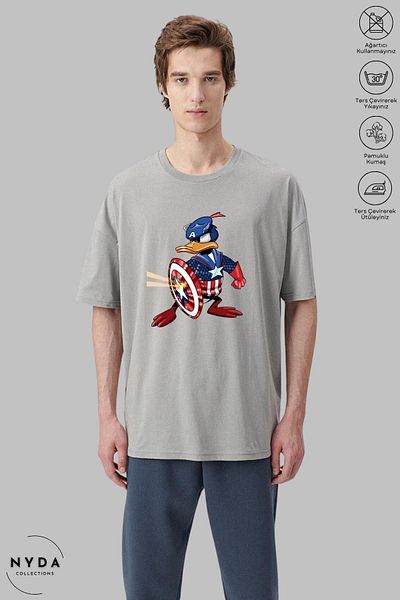 New Shine Μπλουζάκι με κοντό μανίκι Unisex με λαιμόκοψη Donald Duck Captain America με στάμπα από βαμβάκι