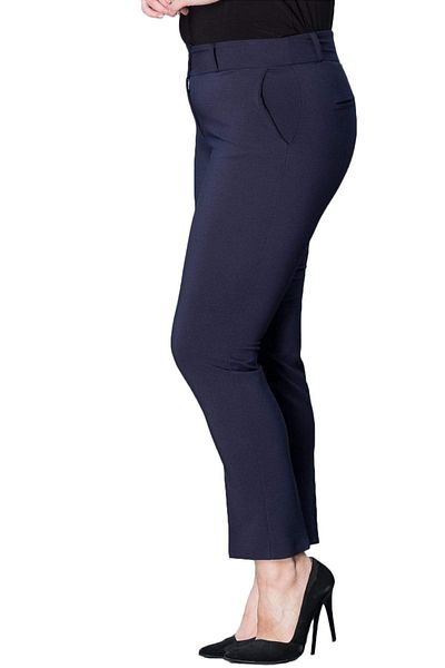 Hanezza Large Size Navy Blue High Waist Lycra Ankle Length Pocket Fabric Trousers