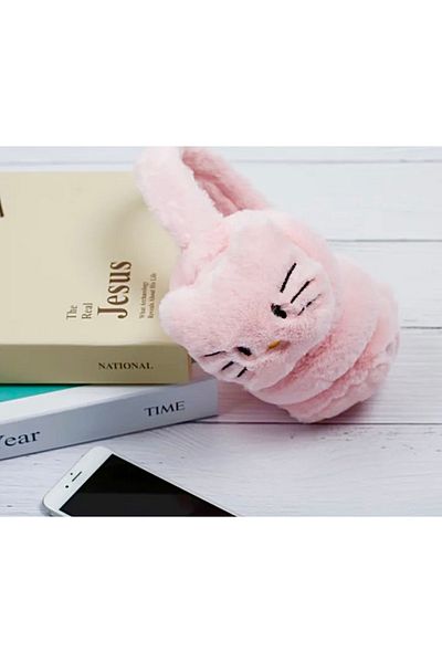 SHEKER HOME Girl's Plush Headphones with Kitten Figure - Light Pink