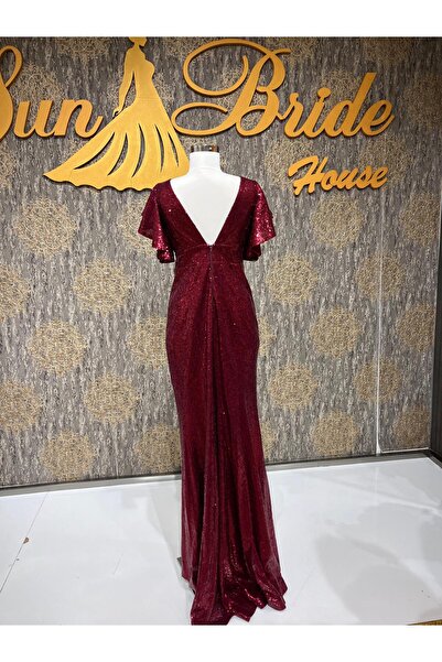 MODA Kırmızı Kolları Volanlı Pullu V Yaka Arkası Kuyruklu Abiye Elbise