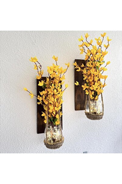 STDEKOR Duvar Dekoru, Led Işıklı, Sarı Sakura Çiçekli, Ceviz Aplik İkili Set