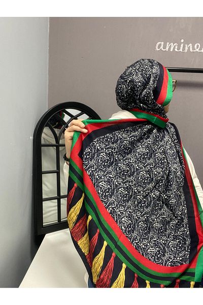 AMİNENESİL Cardion Premium Aminesil Shawl - Ethnic Pattern, Μαύρο Κόκκινο Χρώμα