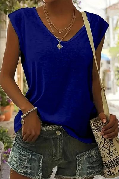 ESSFASIHON Μπλούζα βισκόζης με χαμηλό μανίκι V λαιμόκοψη
