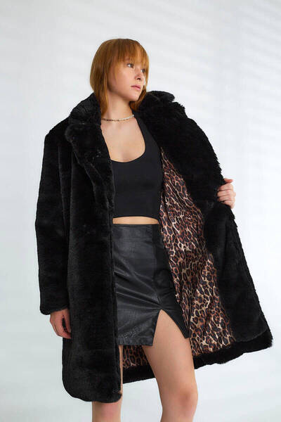 Pissos Kadın Leopar Astarlı Premium Kaban Relaxed Fit Teddy Mont
