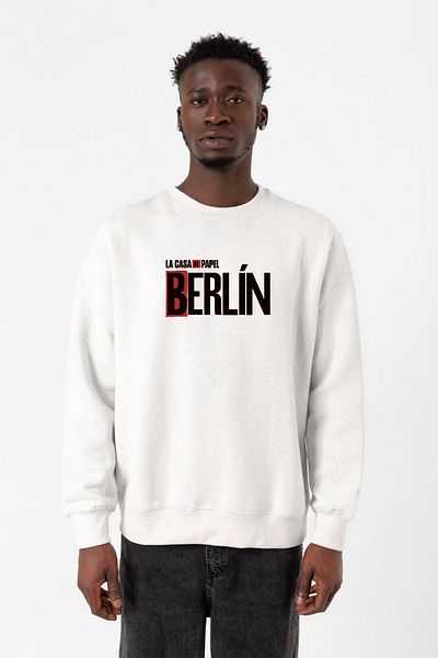 Tshirthane La Casa De Papel Berlin Λευκό ανδρικό φούτερ με 2 κορδόνια