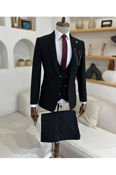 carismen Slim Fit Black Vest Suit