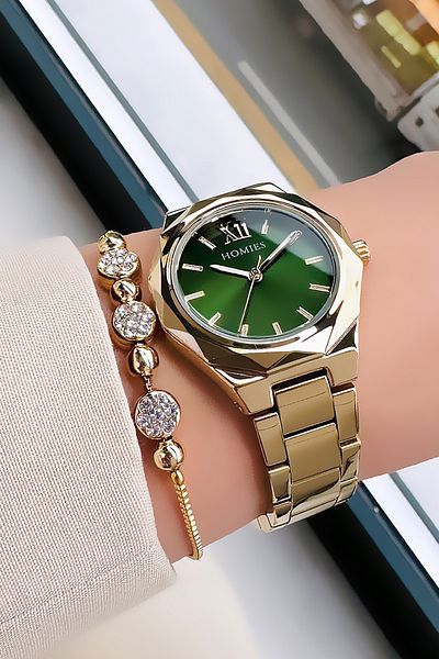 Homies Cutout Case Women Wristwatch 3 Atm Waterproof Gold Green Color Steel Band Bracelet Hmby2031C4