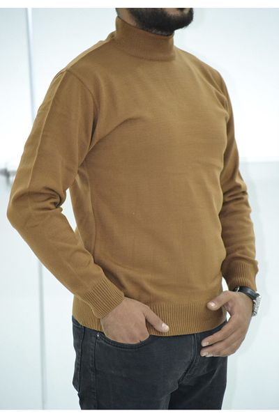 MİWAN COLLECTİON Men's Slim Fit Knitwear Sweater - Half Throat, Tobacco Color
