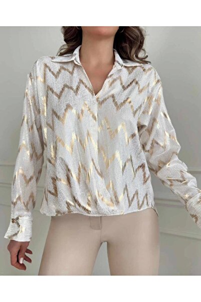 Selence Women's gold printed double-breasted shirt ecru