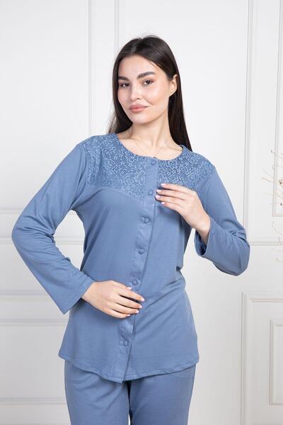 Mecit Pijama Mecit 6105 Indigo Women's Plus Size Button-Down Pajamas Set