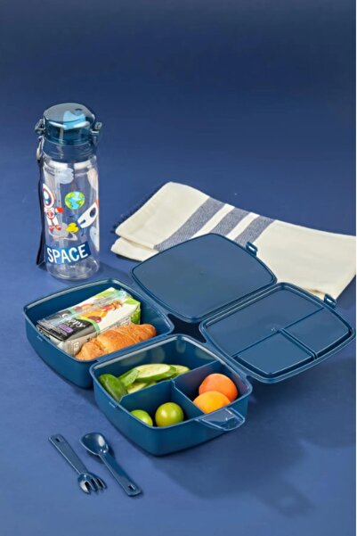 MasterCar 2'Lİ Set Uzay Kare Model Kaşıklı 4 Bölmeli 2 Katlı Beslenme Kutusu Ve 500 Cc Pipetli Matara Uzay