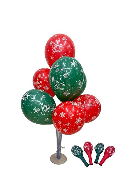 Öz-bal New Year's Balloon Set - 7 Stand + 7 Red Green Printed Balloon - New Year's Party Decor