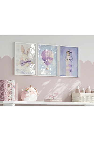 Home 3'lü Mor Tonlu Uyku Tavşanı seti Çocuk ve bebek Odası Dekoru,3 Adet Çerç...