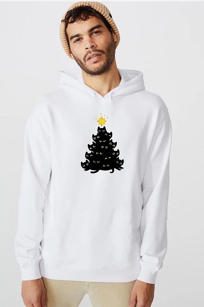 Tshirthane Meowy Χριστουγεννιάτικο Λευκό Ανδρικό φούτερ με κουκούλα 3 κορδονιών