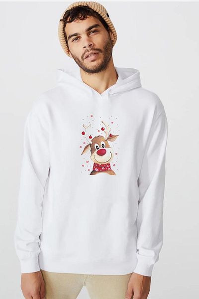 Tshirthane Ανδρικό φούτερ με κουκούλα 3 κορδονιών ακουαρέλα Χριστουγεννιάτικο Deer White