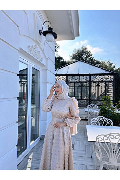 DİSE Kadın Saten Bej Rüya Tesettür Abiye,elbise,mezuniyet,balo,gece Elbisesi