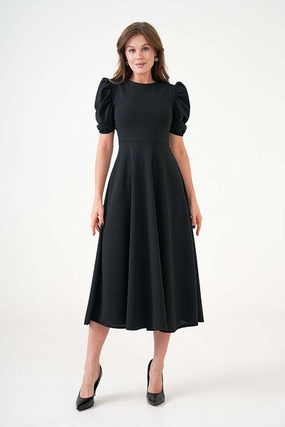 4S1B FASHION Ελαστικό ύφασμα κρεπ - κοντά μανίκια με μπαλόνι, σέσουλα λαιμόκοψη μίντι μαύρο φόρεμα επιστροφής στο σπίτι 092