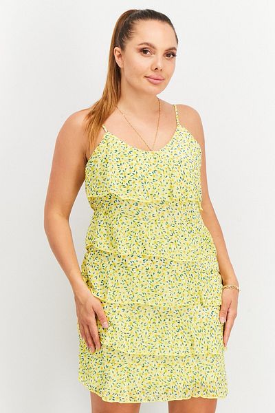 NA-KD Women Floral Print Frill Detail Chiffon Tiered Dress, Yellow