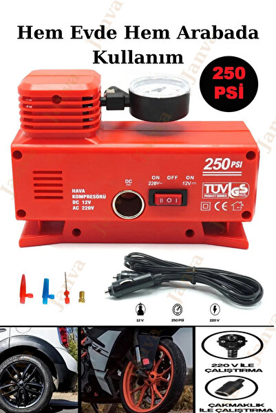 Janva Araba Oto Araç Lastik Şişirme Pompası Hava Kompresörü 250psi DC 12-AC 220 Volt Kompresör Pompa Seti