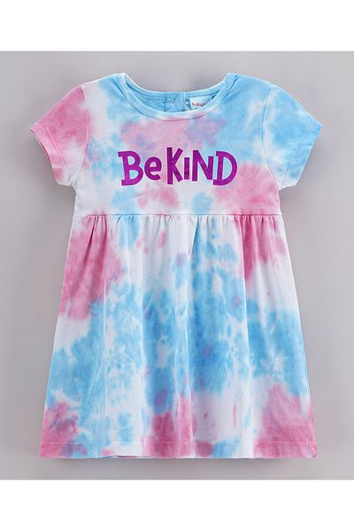 Babyhug Babyhug 100% Cotton Short Sleeves Tie & Dye Frock Be Kind Print - Sky Blue Light Pink
