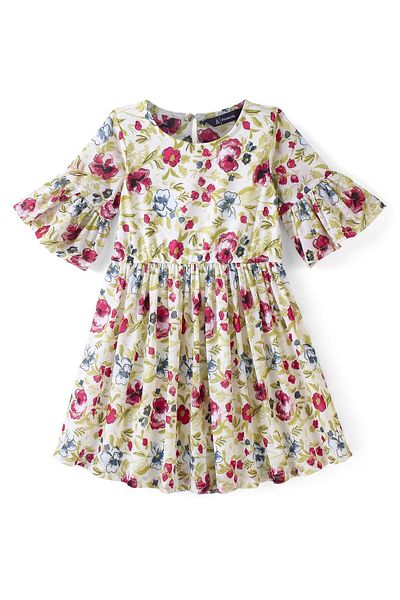 Pine kids Pine Kids Woven Three Forth Sleeves Frock Floral Print  - Cream