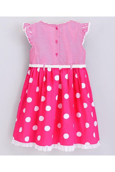 Babyhug Babyhug 100% Cotton Short Flutter Sleeves Striped Frock with Bow Belt - Pink