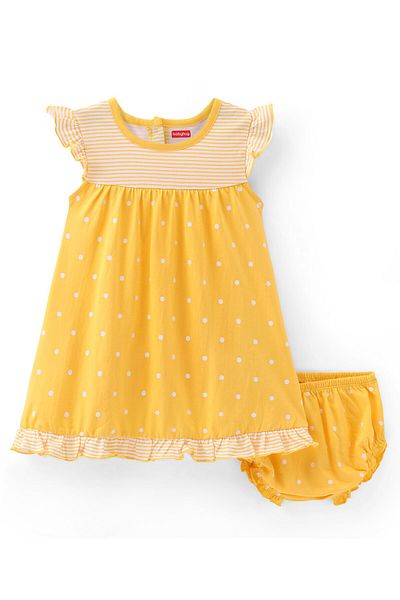 Babyhug Babyhug Cotton Knit Half Sleeves Frock with Bloomer Polka Dots Printed - Yellow