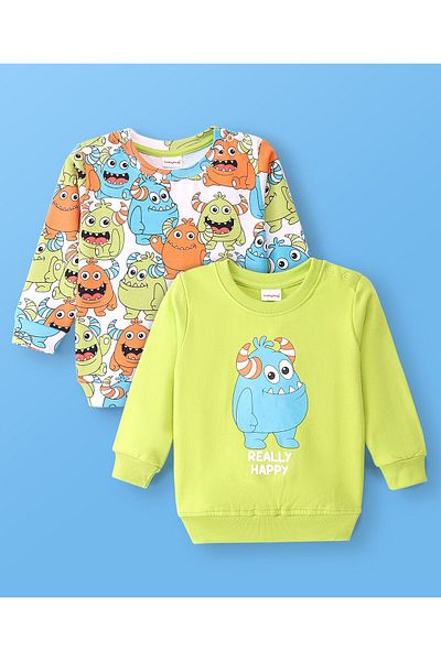 Babyhug سويت شيرت من القطن المحبوك بأكمام طويلة مع رسومات وحش - عبوة من قطعتين - متعدد الألوان