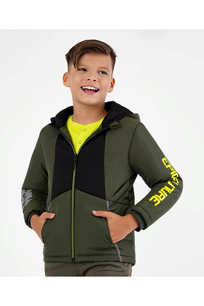 Primo Gino Primo Gino Full Sleeves Color Blocked Quilted Jacket Text Print - Olive Green