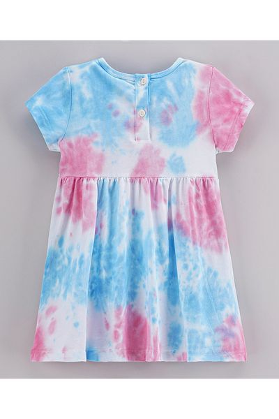 Babyhug Babyhug 100% Cotton Short Sleeves Tie & Dye Frock Be Kind Print - Sky Blue Light Pink