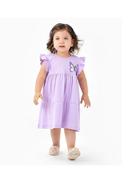 Bonfino فستان بونفينو 100% قطن محبوك بدون أكمام بطبقات وطبعة فراشات - أرجواني