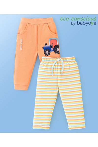 Babyoye 100% Cotton & Eco Jiva Finish Lounge Pant With Striped & Tractor Print - Orange & Yellow