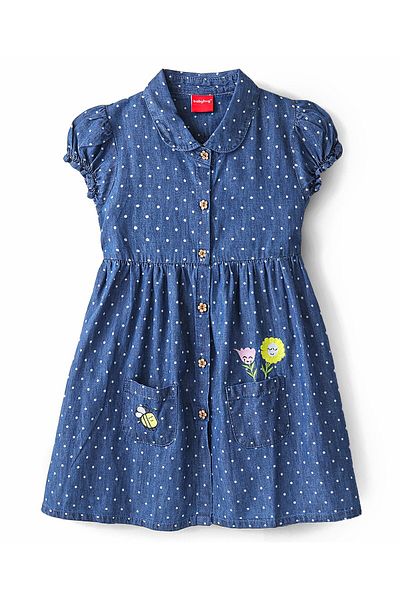 Babyhug Babyhug Short Sleeves Denim Front Open Embroidered Dress - Blue
