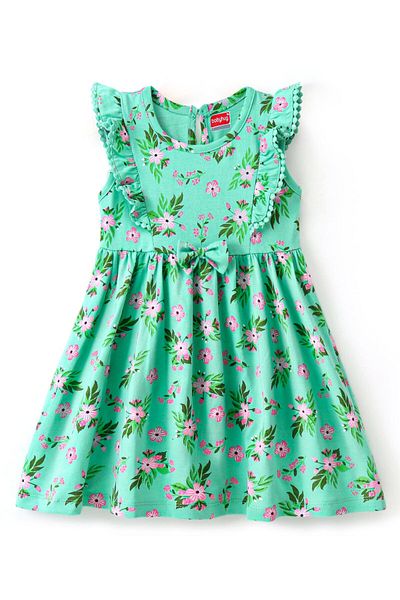 Babyhug Babyhug Cotton Jersey Knit Cap Sleeves Floral Print Frock - Green