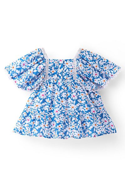 Babyhug Babyhug Woven Crinkled Rayon Half Sleeves Frock With Lace Detailing Floral Print - Blue