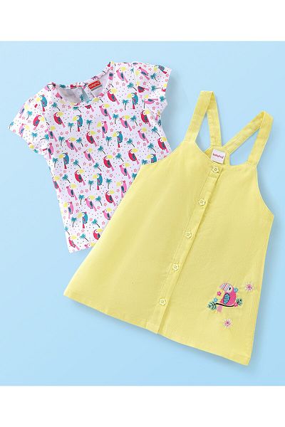 Babyhug Babyhug Cotton Knit Short Sleeves Inner Tee with Corduroy Frock Parrot Printed  - Yellow