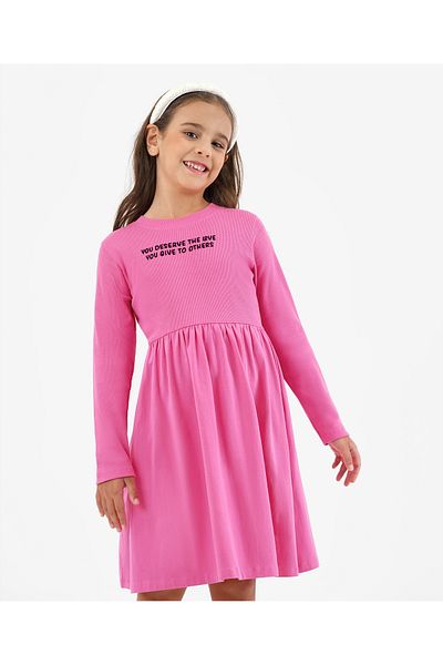 Primo Gino Primo Gino Cotton Elastane Full Sleeves Dress with Chest Flock Print - Pink