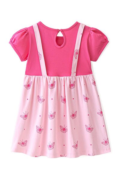 Babyhug Babyhug 100% Cotton Knit Half Sleeves Frock with Butterfly Print - Pink