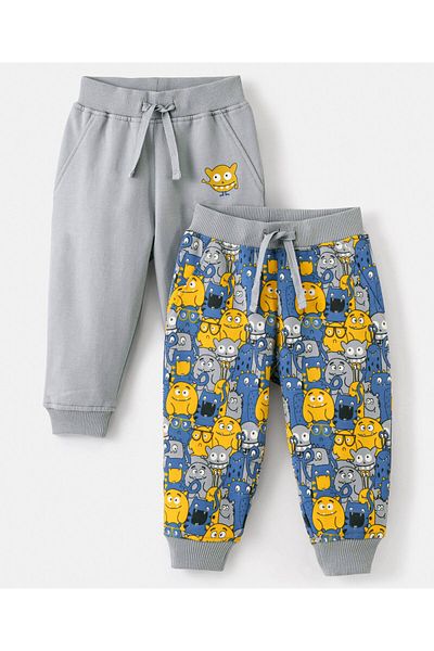 Bonfino Bonfino 100% Cotton Knit Ankle Length Track Pant Solid & Monster Print Pack of 2 - Grey & Blue