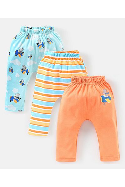 Babyhug Cotton Full Length Diaper Pants Stripes & Bear Print Pack of 3- Orange & Blue
