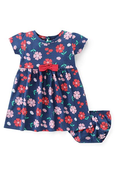 Babyhug Babyhug Cotton Jersey Knit Half Sleeves Frock & Bloomer With Floral Print & Bow Applique - Navy Blue