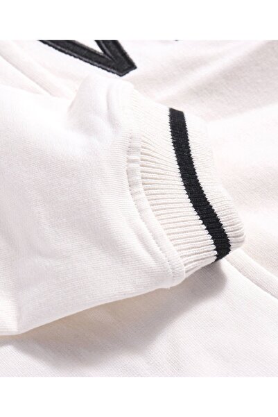 Bonfino Bonfino 100% Cotton French Terry Knit Full Sleeves Hooded  Sweatjacket with  Text  Embroidery -Ivory