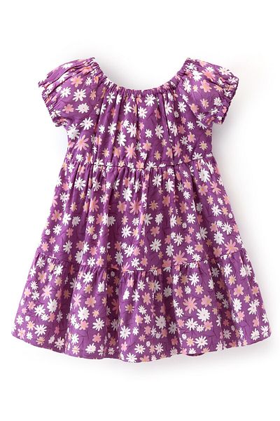 Babyhug Babyhug 100% Viscose Woven Half Sleeves Frock with Floral Print & Bow Applique - Purple